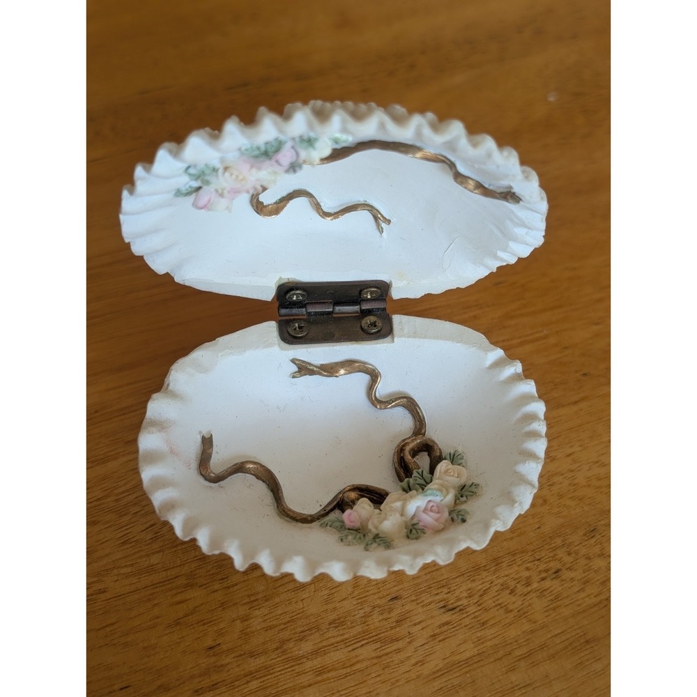 Vintage Clamshell Porcelain Trinket Box Floral Gold Ribbon Embellishments